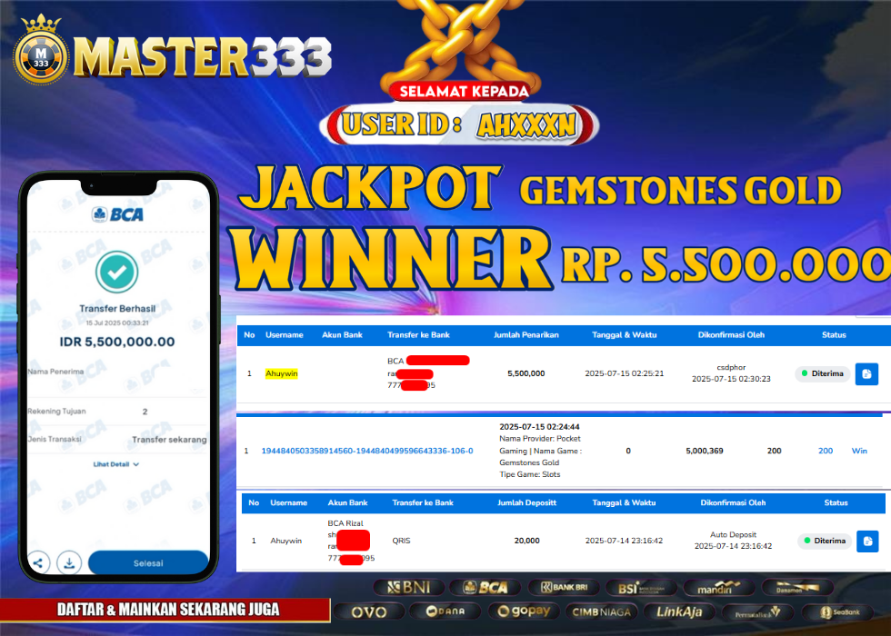  MASTER333 JACKPOT SLOT Gemstones Gold Rp.5,500,000.,- LUNAS